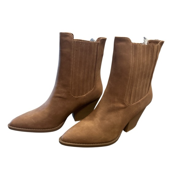 Forever Rivers Suede Ankle Boots Size 10 Tan Pull On Pointed Toe Block Heel - Picture 3 of 13